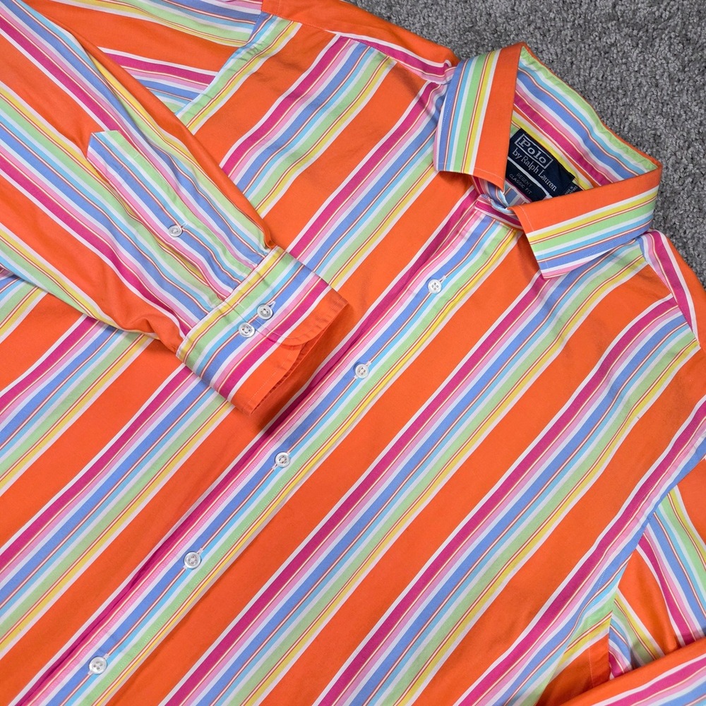 Polo Ralph Lauren Shirt Mens XL‎ 17.5 Preppy Orange Regent Stripe Classic Fit